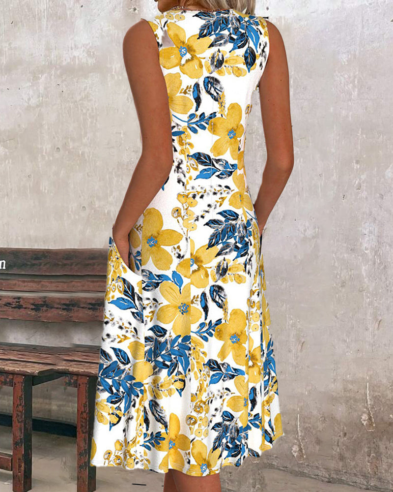 Ärmelloses Kleid mit Blumenmuster und Taschen
