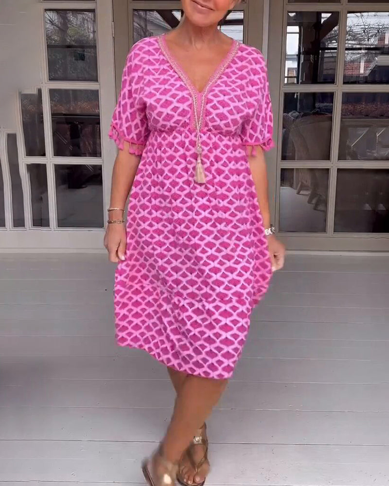 Bedrucktes V-Ausschnitt-Fransen-Kleid