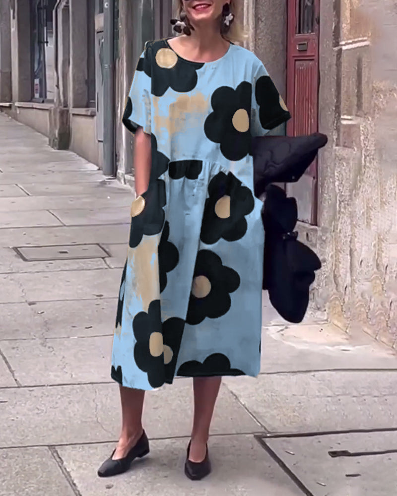 Blumenmuster Crew-Neck Taschen lockeres Kleid