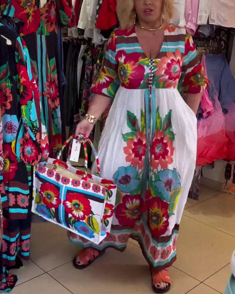 Tiefes V lockeres lässiges Blumenkleid