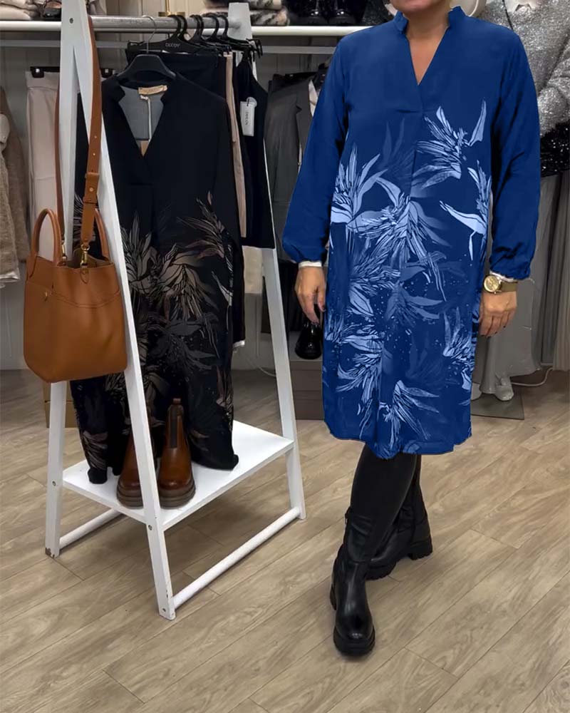 V-Ausschnitt Kleid mit Blattdruck und langen Ärmeln