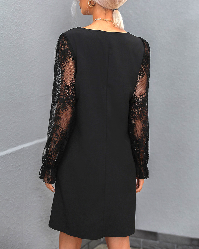 Einfarbiges V-Ausschnitt Kleid mit Spitzenärmeln