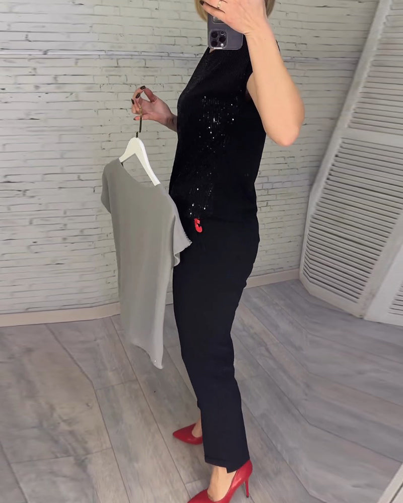 Damen Kurzarm-Paillettenshirts