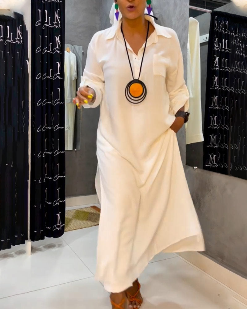 Einfarbiges Revers-Taschenkleid