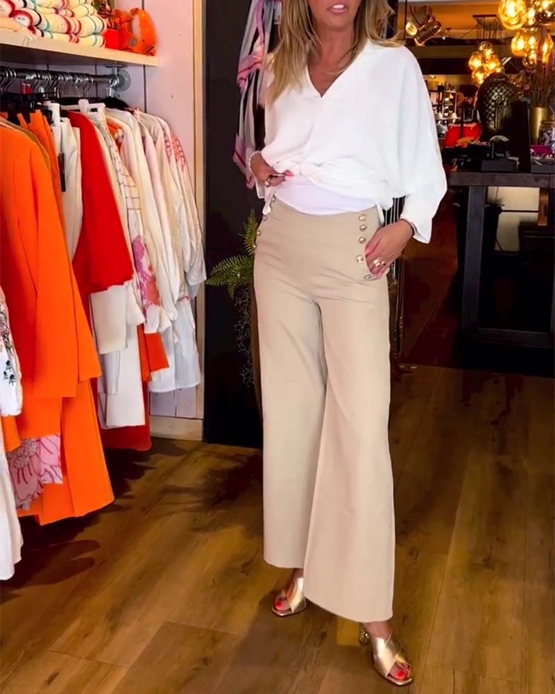 Einfarbige V-Ausschnitt Bluse