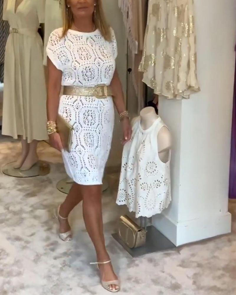 Rundhals-Ausschnitt Kleid in einfarbig