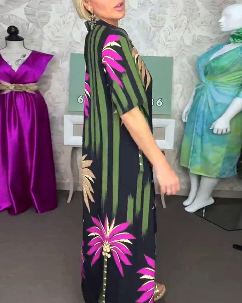 Lässiges Kleid mit Blattdruck, Schlitz, kurzärmlig und locker