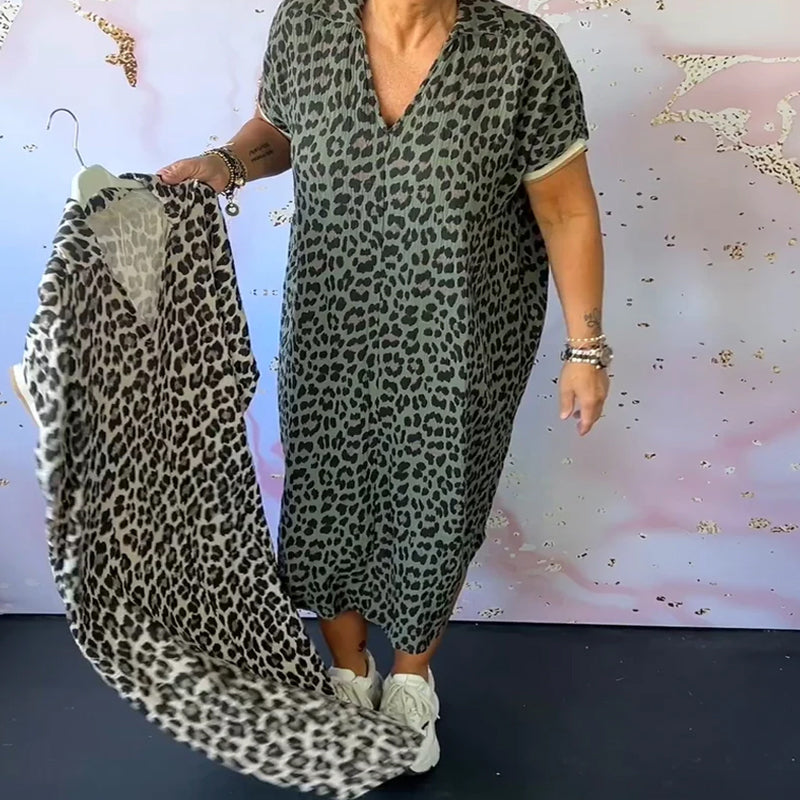 V-Ausschnitt Kurzarm Leopard Druck Kleid