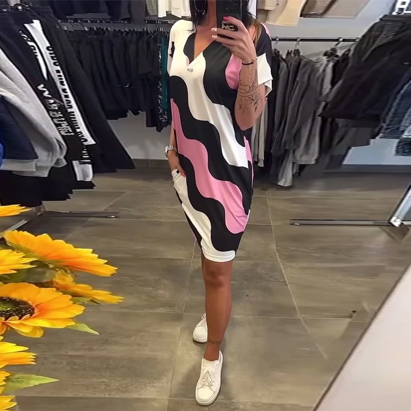 V-Ausschnitt Wellenmuster Kleid