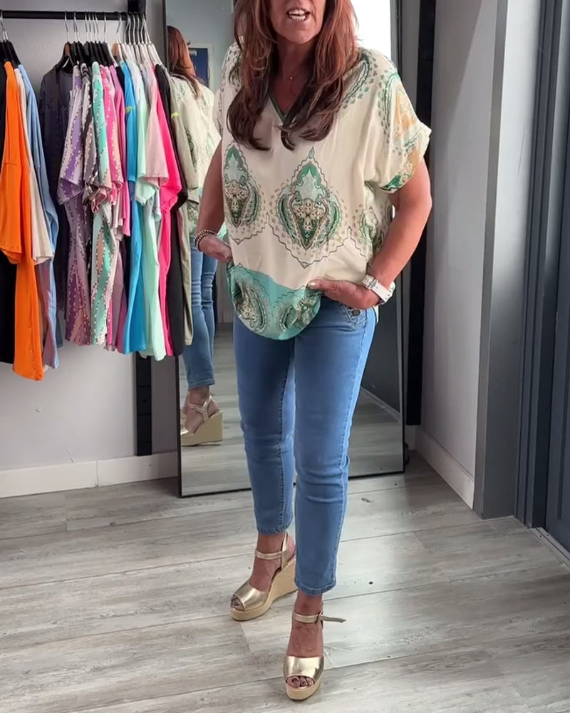 Retro bedrucktes V-Ausschnitt Freizeitoberteil