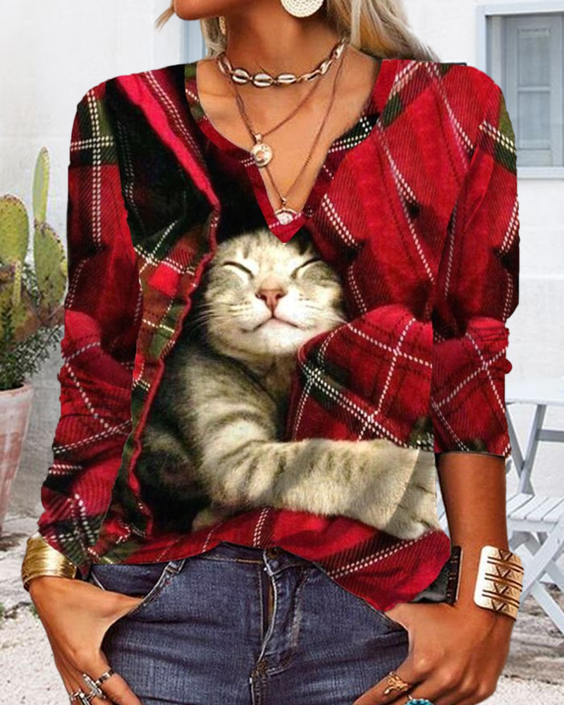 Katze Patchwork Langarmshirt