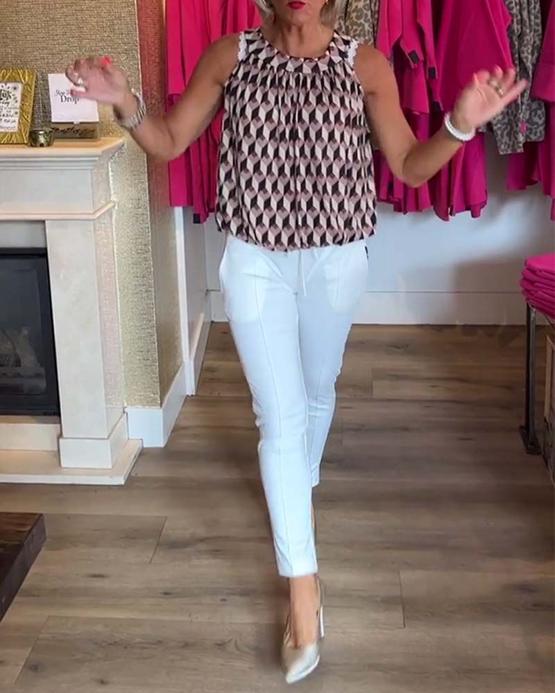 Ärmelloses Crew-Neck-Casual-Top mit Diamantdruck