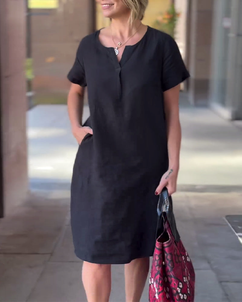 Einfarbiges V-Ausschnitt Kurzarm Kleid mit Tasche