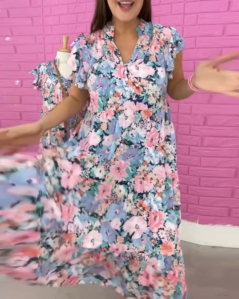 Blumenmuster V-Ausschnitt lässiges kurzes Kleid