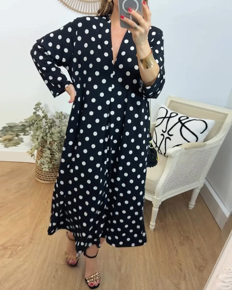 V-Ausschnitt lockeres Polka-Dot Kleid