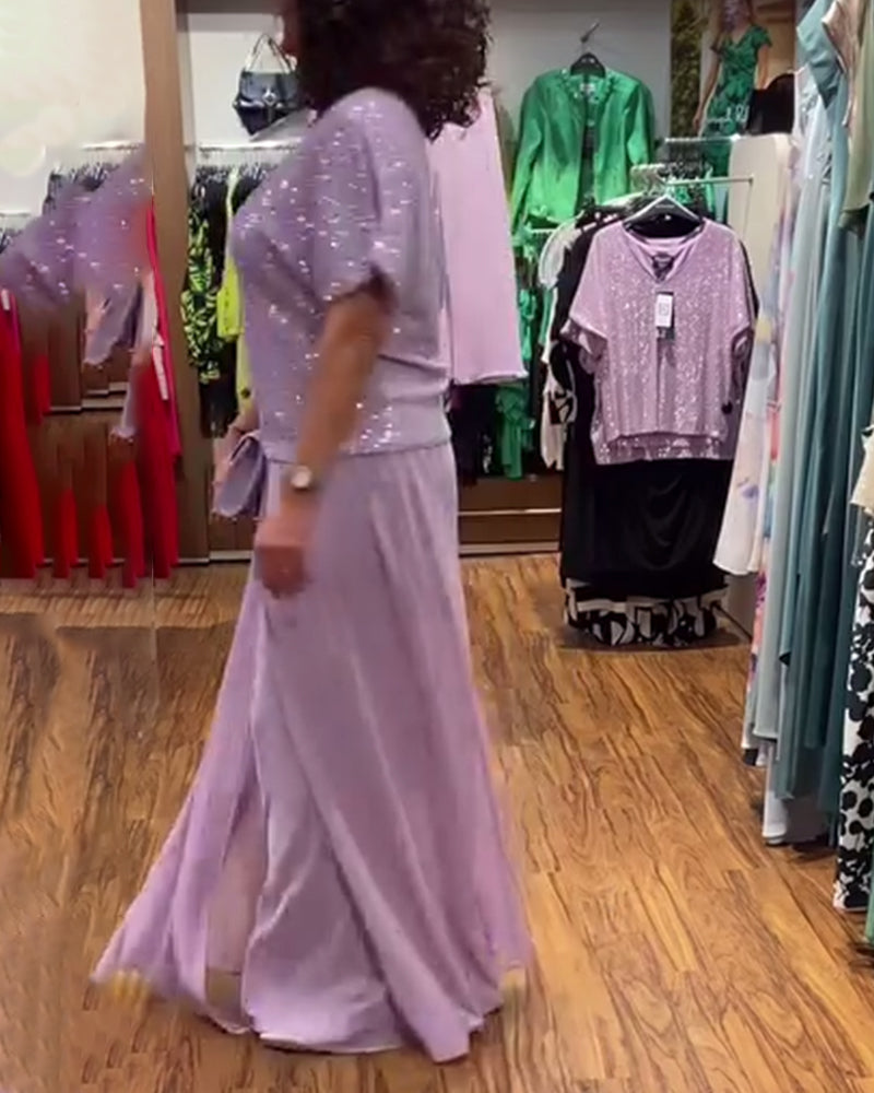 V-Ausschnitt kurzärmlige lockere Paillettenbluse