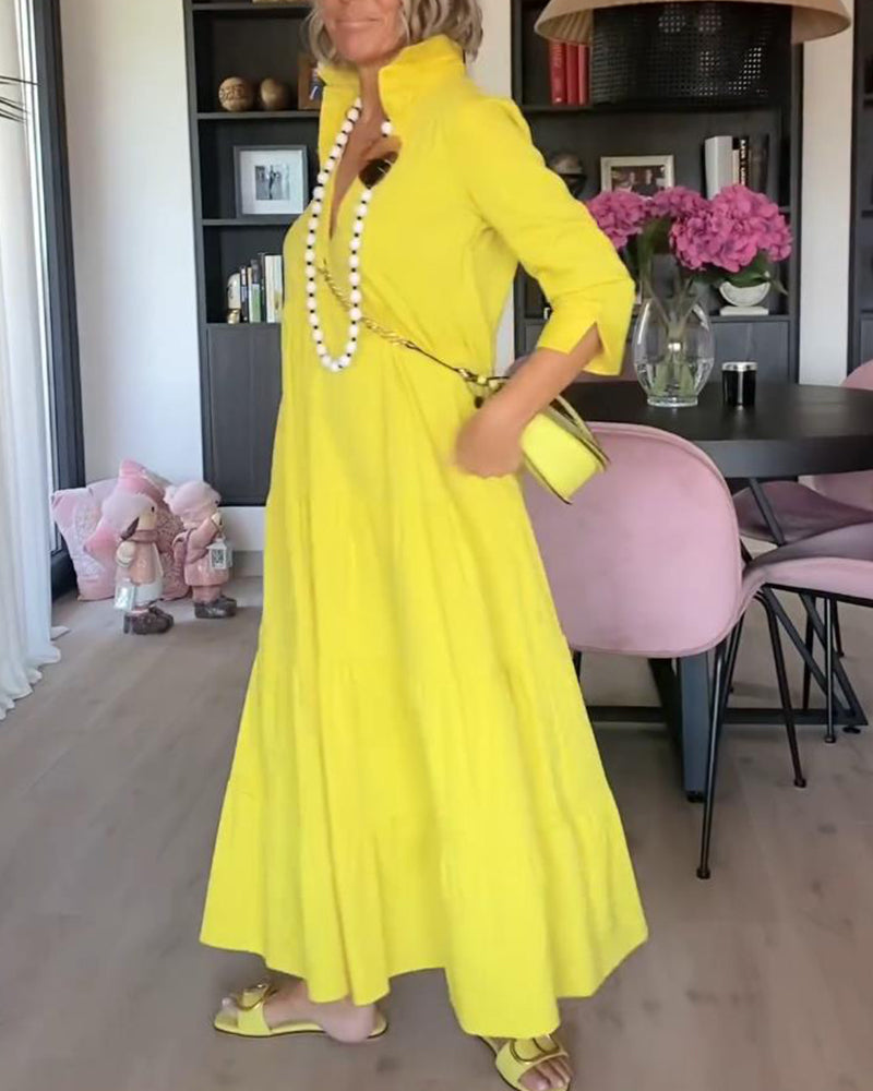 Lässiges einfarbiges Revers-Taschen-Patchwork-Kleid