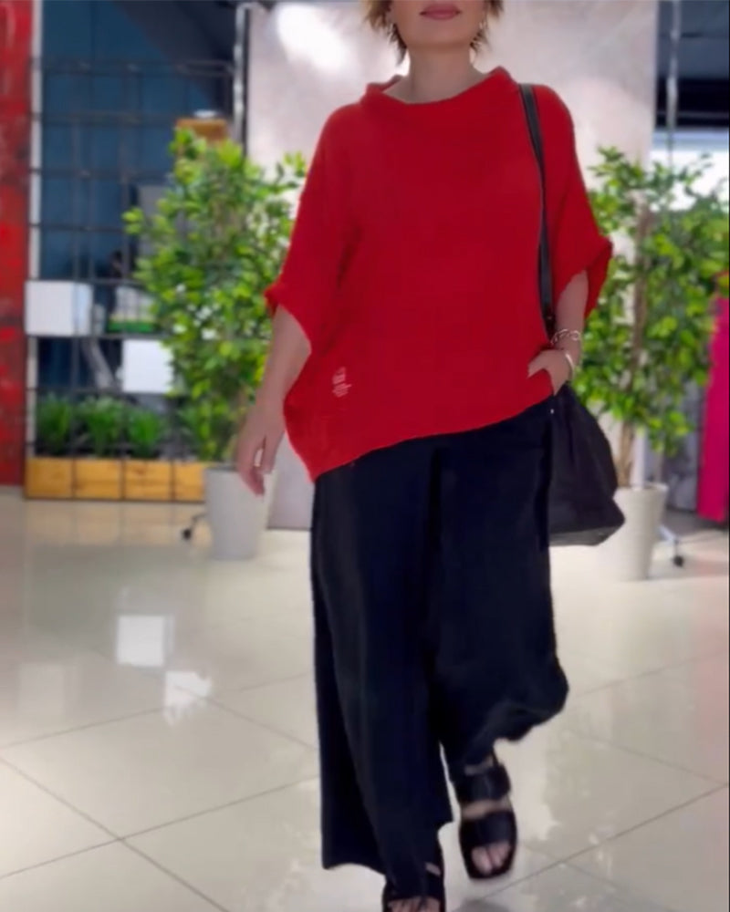 Einfarbiges, lockeres Rundhalsoberteil