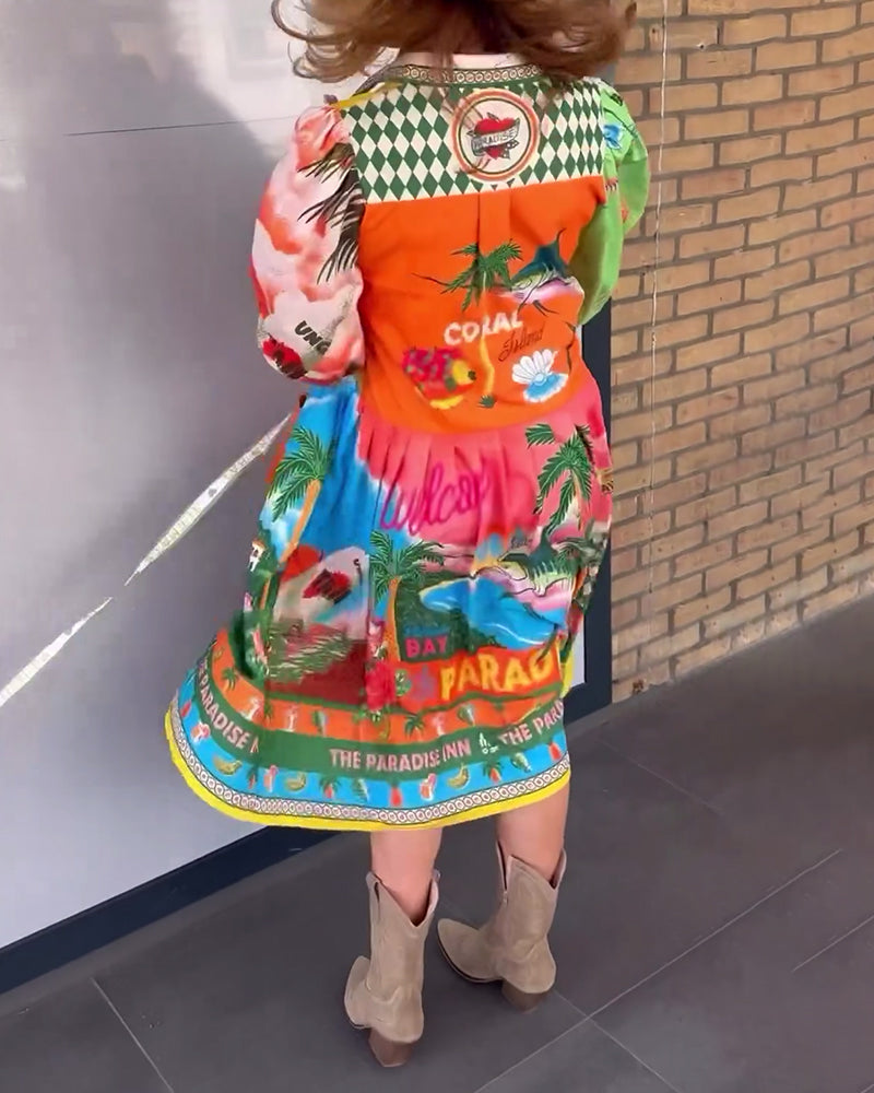 Bunt bedrucktes Revers-Kleid mit langen Ärmeln