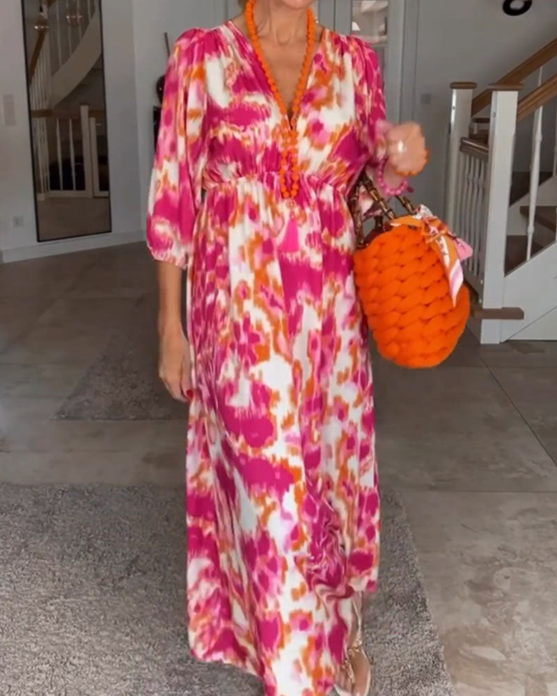 Mode Druck V-Ausschnitt 3/4 Ärmel Kleid