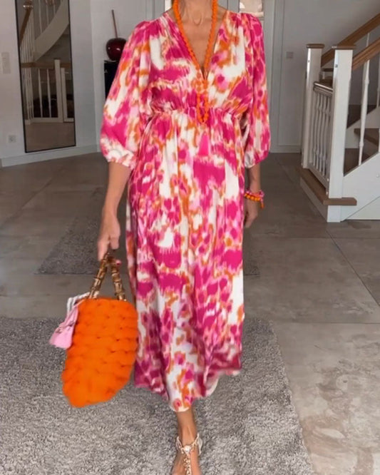 Mode Druck V-Ausschnitt 3/4 Ärmel Kleid