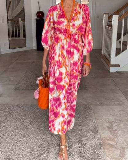 Mode Druck V-Ausschnitt 3/4 Ärmel Kleid