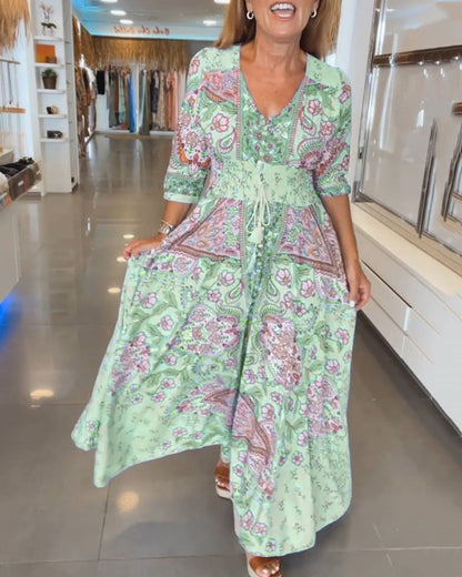 V-Ausschnitt 3/4 Ärmel Urlaubskleid