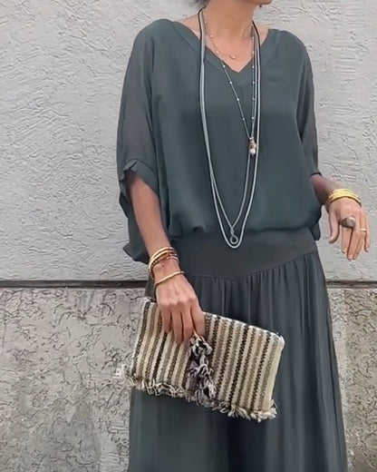 Einfarbiger V-Ausschnitt lässiger Zweiteiler