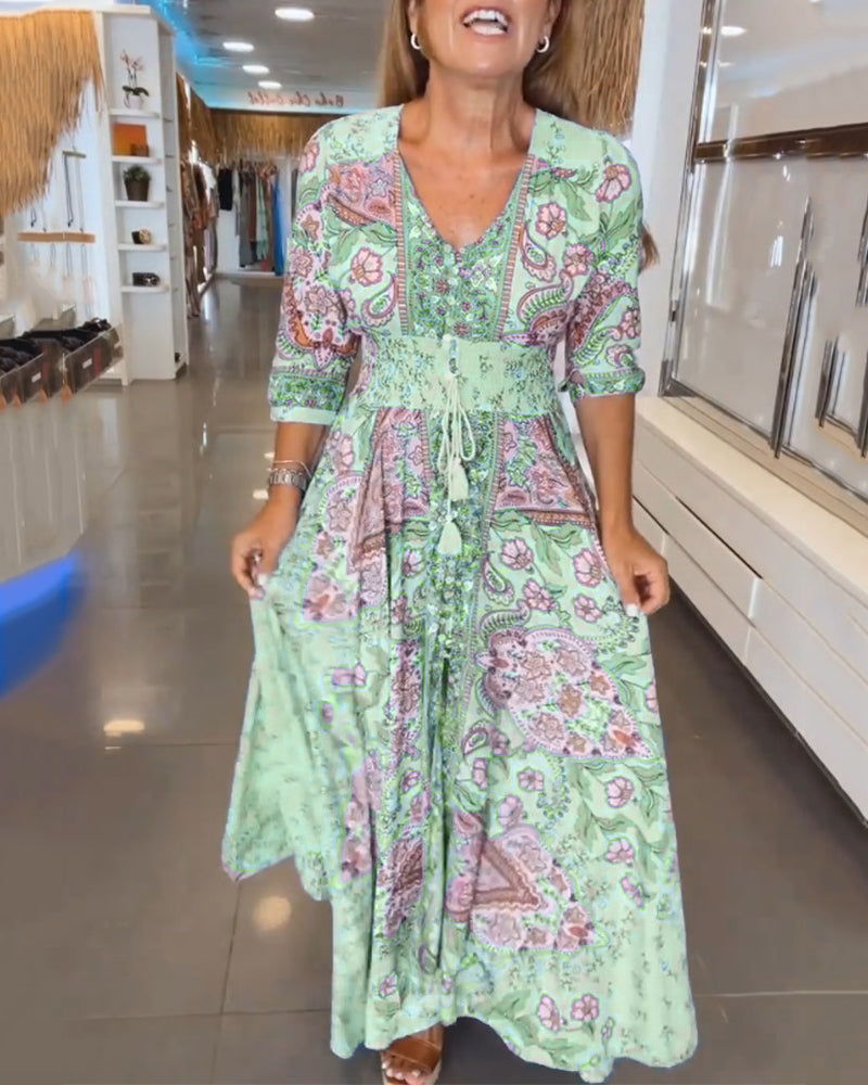 V-Ausschnitt 3/4 Ärmel Urlaubskleid