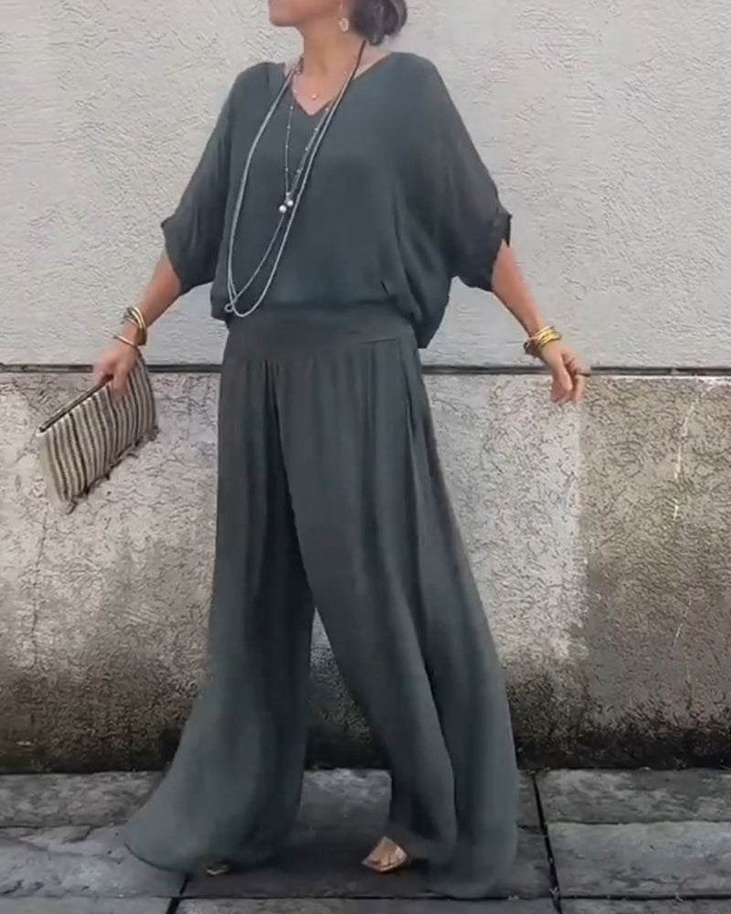 Einfarbiger V-Ausschnitt lässiger Zweiteiler