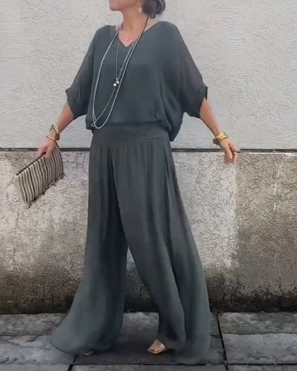 Einfarbiger V-Ausschnitt lässiger Zweiteiler