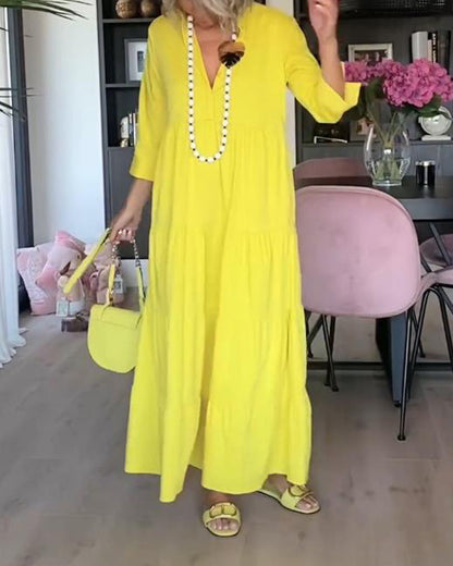 Lässiges einfarbiges Revers-Taschen-Patchwork-Kleid