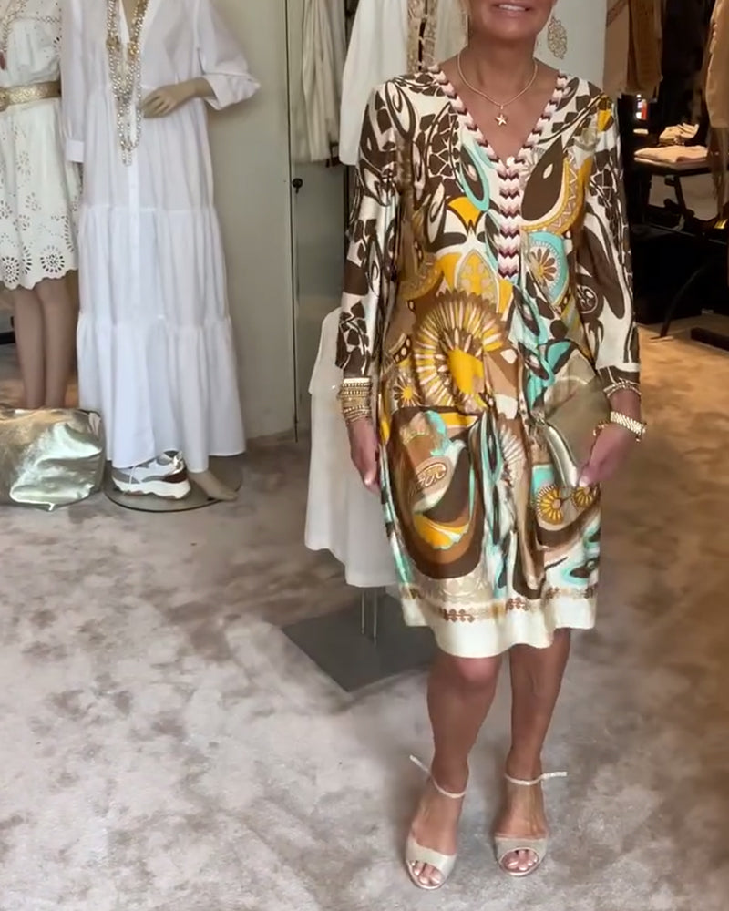 Retro-Druck V-Ausschnitt Freizeitkleid