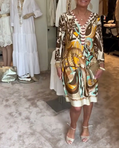 Retro-Druck V-Ausschnitt Freizeitkleid