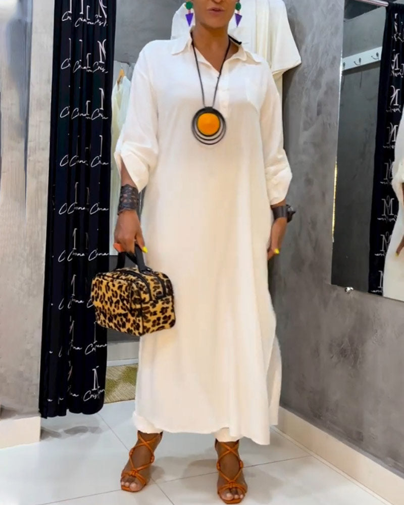 Einfarbiges Revers-Taschenkleid