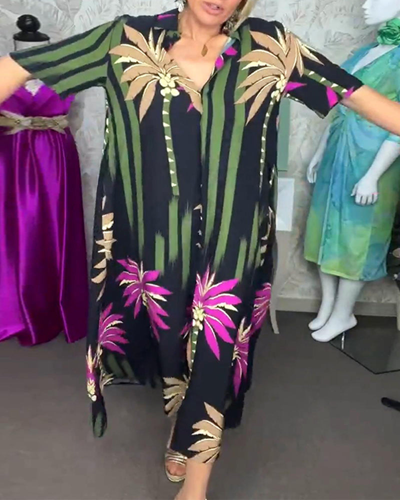 Lässiges Kleid mit Blattdruck, Schlitz, kurzärmlig und locker