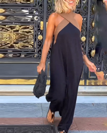 Kreuz Rückfreies Kontrastfarbe Elegantes Kleid