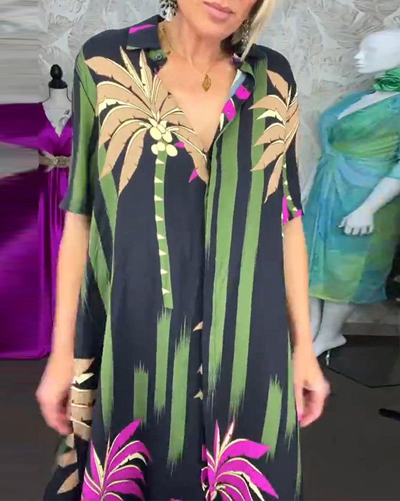 Lässiges Kleid mit Blattdruck, Schlitz, kurzärmlig und locker