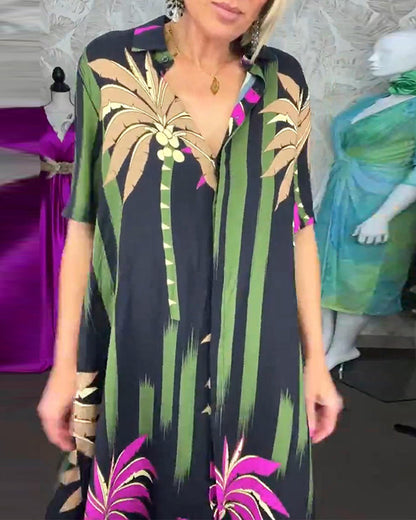 Lässiges Kleid mit Blattdruck, Schlitz, kurzärmlig und locker