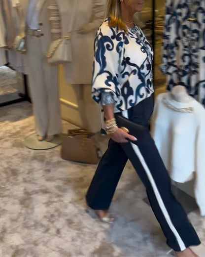 Retro-Muster Druck Laternenärmel Bluse