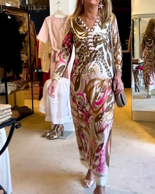 V-Ausschnitt lässiges bedrucktes langes Kleid