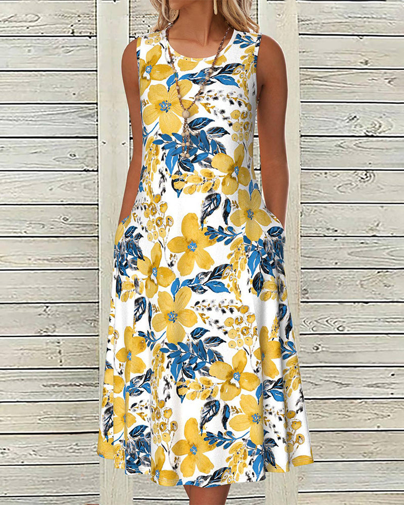 Ärmelloses Kleid mit Blumenmuster und Taschen