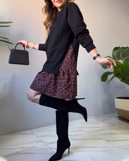 Patchwork-Leopardenmuster Freizeitkleid