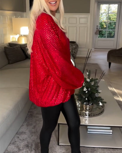 Ballonärmel Rundhals Pailletten-Top