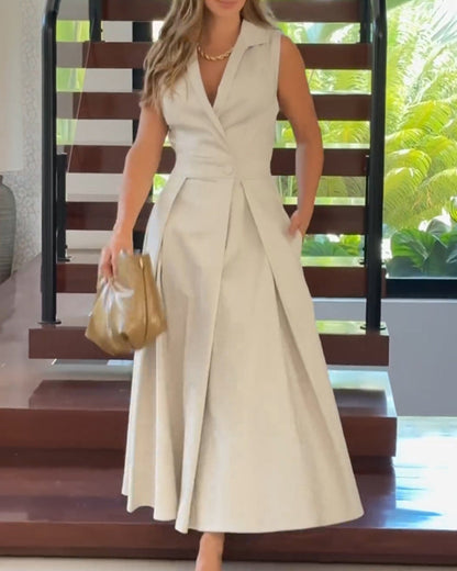 Ärmelloses Revers elegantes einfarbiges Kleid