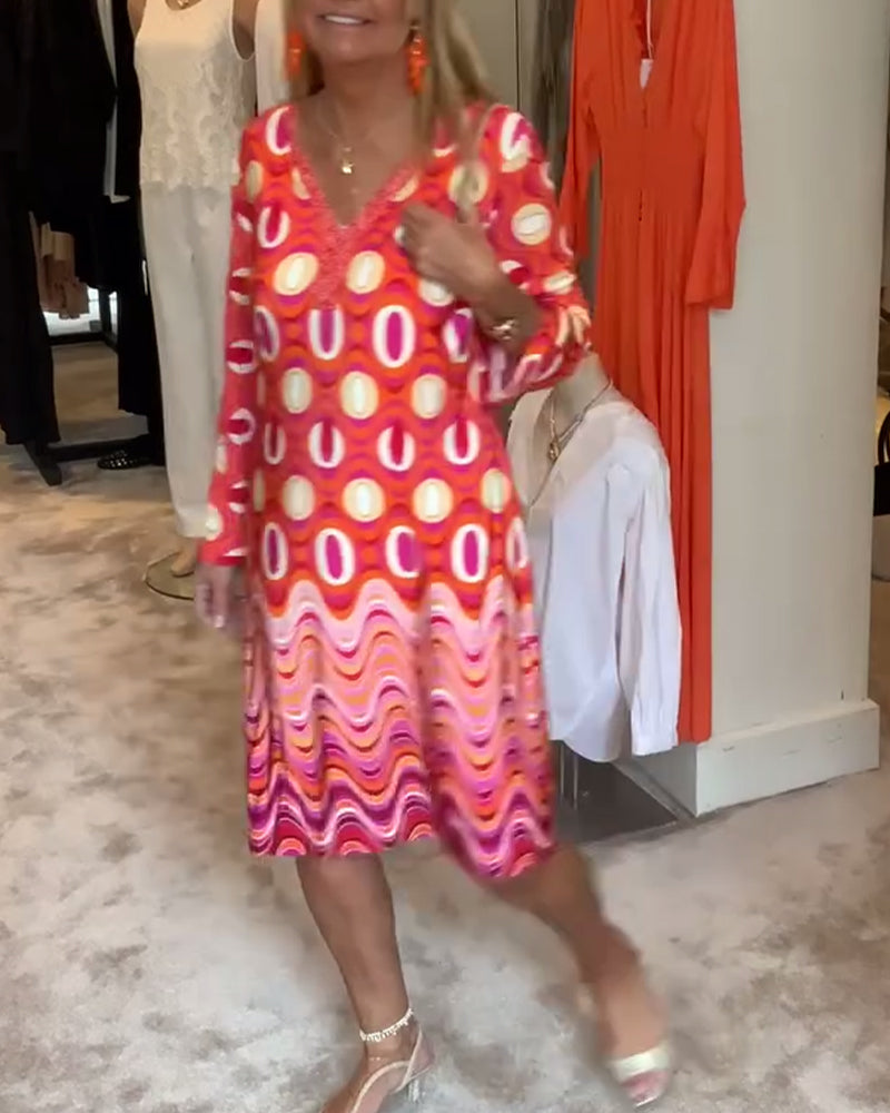 Lässiges, lockeres, bedrucktes V-Ausschnitt-Kleid mit langen Ärmeln