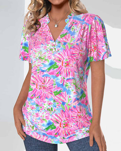 Kurzärmlige, blumige Bluse mit Knopfverschluss