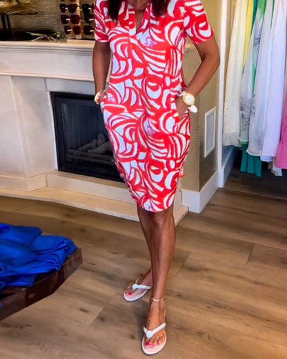 Lässiges Kurzarmbedrucktes Kleid