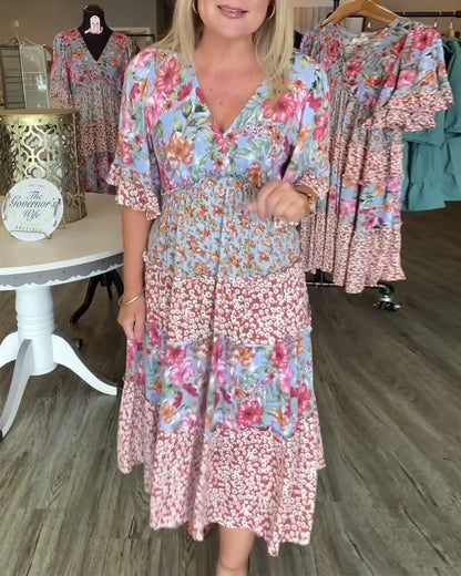 V-Ausschnitt Lotus Ärmel Blumen Kleid