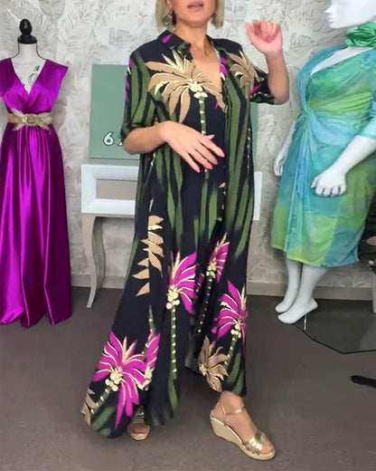 Lässiges Kleid mit Blattdruck, Schlitz, kurzärmlig und locker
